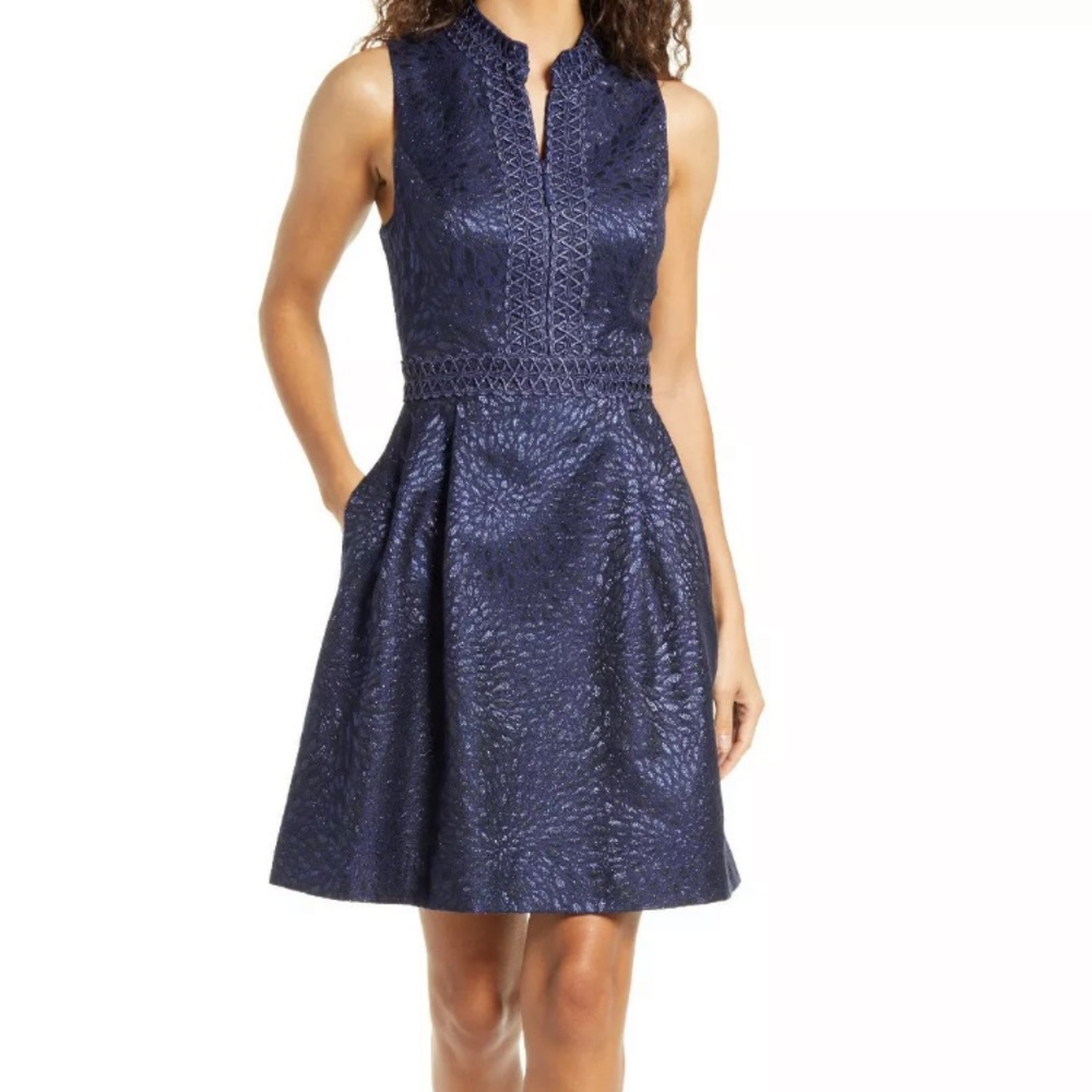 Lilly Pulitzer Franci High Collar Dress True Navy Lagoon Jacquard 8 NWT
